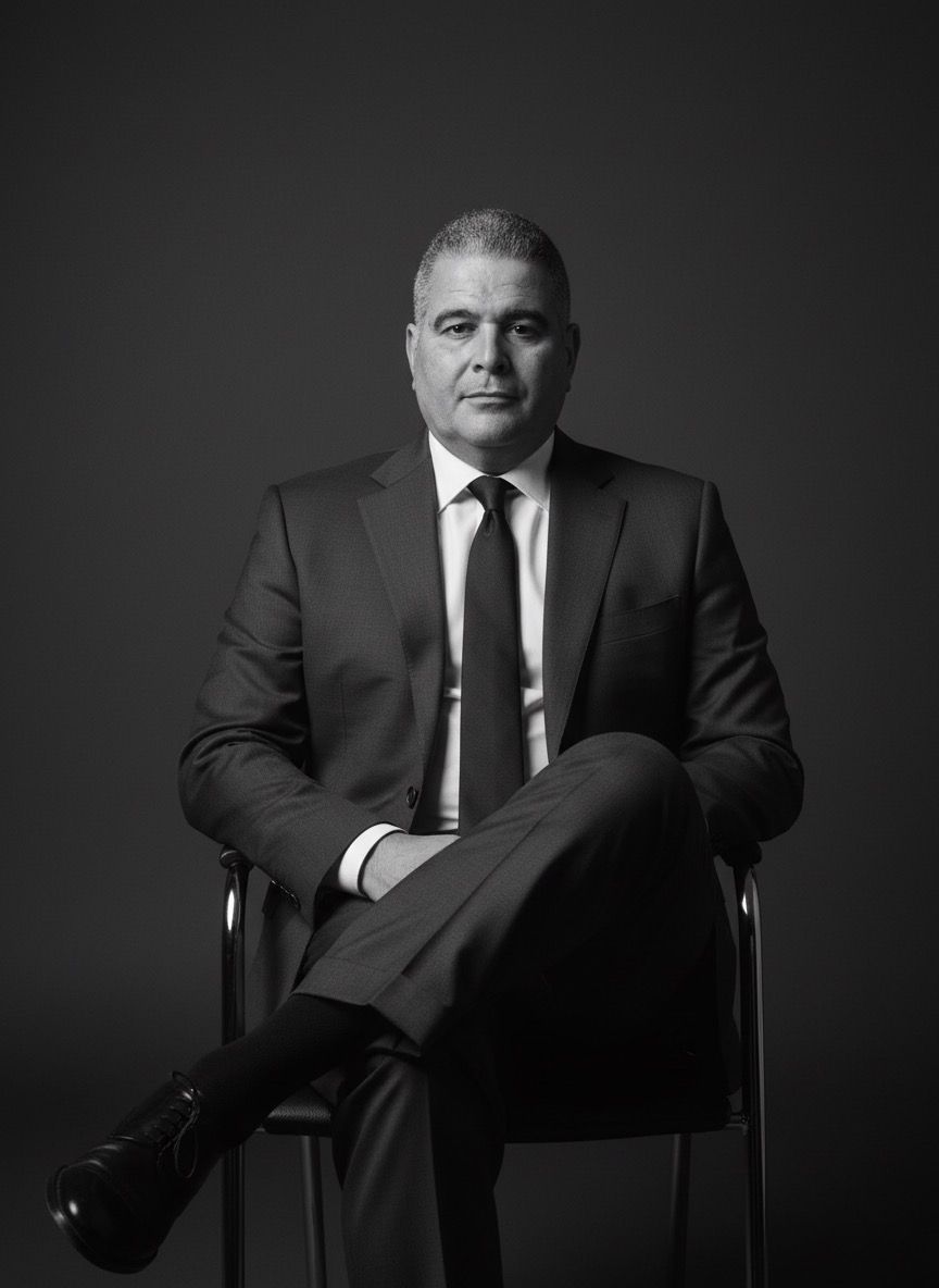 Man in a dark suit seated cross-legged on a chair against a plain dark backdrop