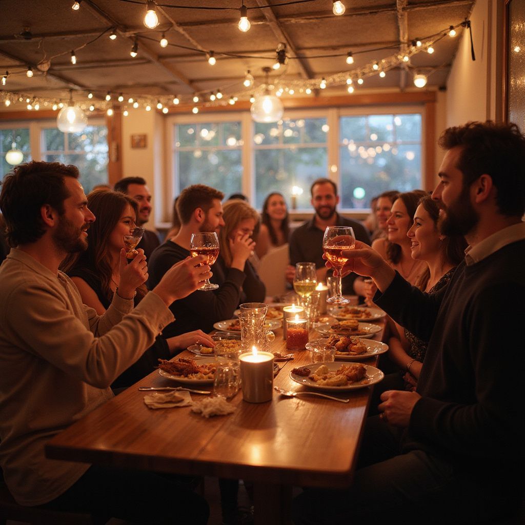 Friends dining at a warmly lit dinner party with candles and string lights, toasting around a long table.