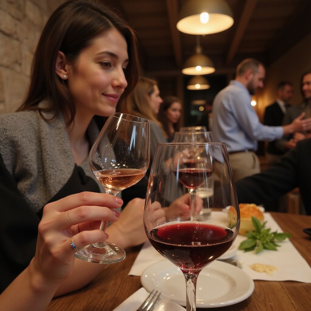 Woman at a restaurant table holding a wine glass, with red wine in the foreground and warm ambient lighting.