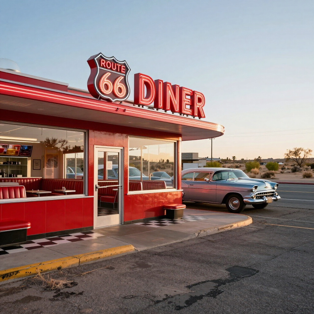 Route 66 Diner storefront at sunset with a classic car parked outside