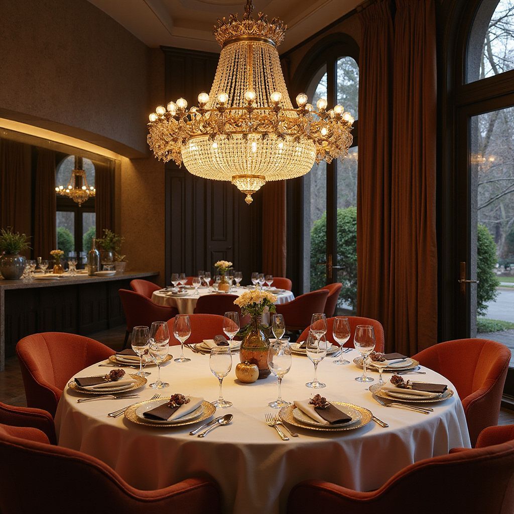 Elegant dining room with a chandelier, round table set for dinner, and tall windows with draped curtains