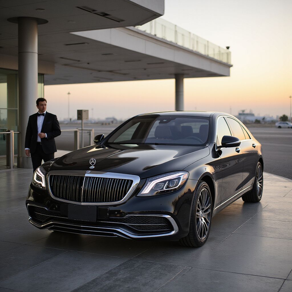 Black luxury sedan parked under a modern canopy at sunset, with a man standing beside it.