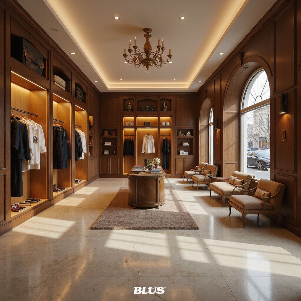 Elegant boutique interior with warm wood displays, clothing racks, chandelier, and sunlit lounge seating.
