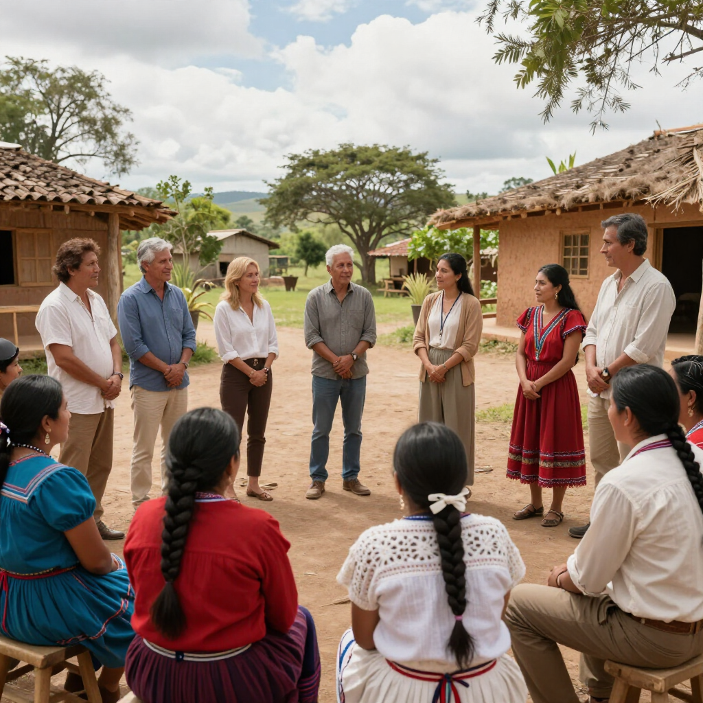 People seated in a circle listening to speakers outdoors in a village courtyard with mud houses.