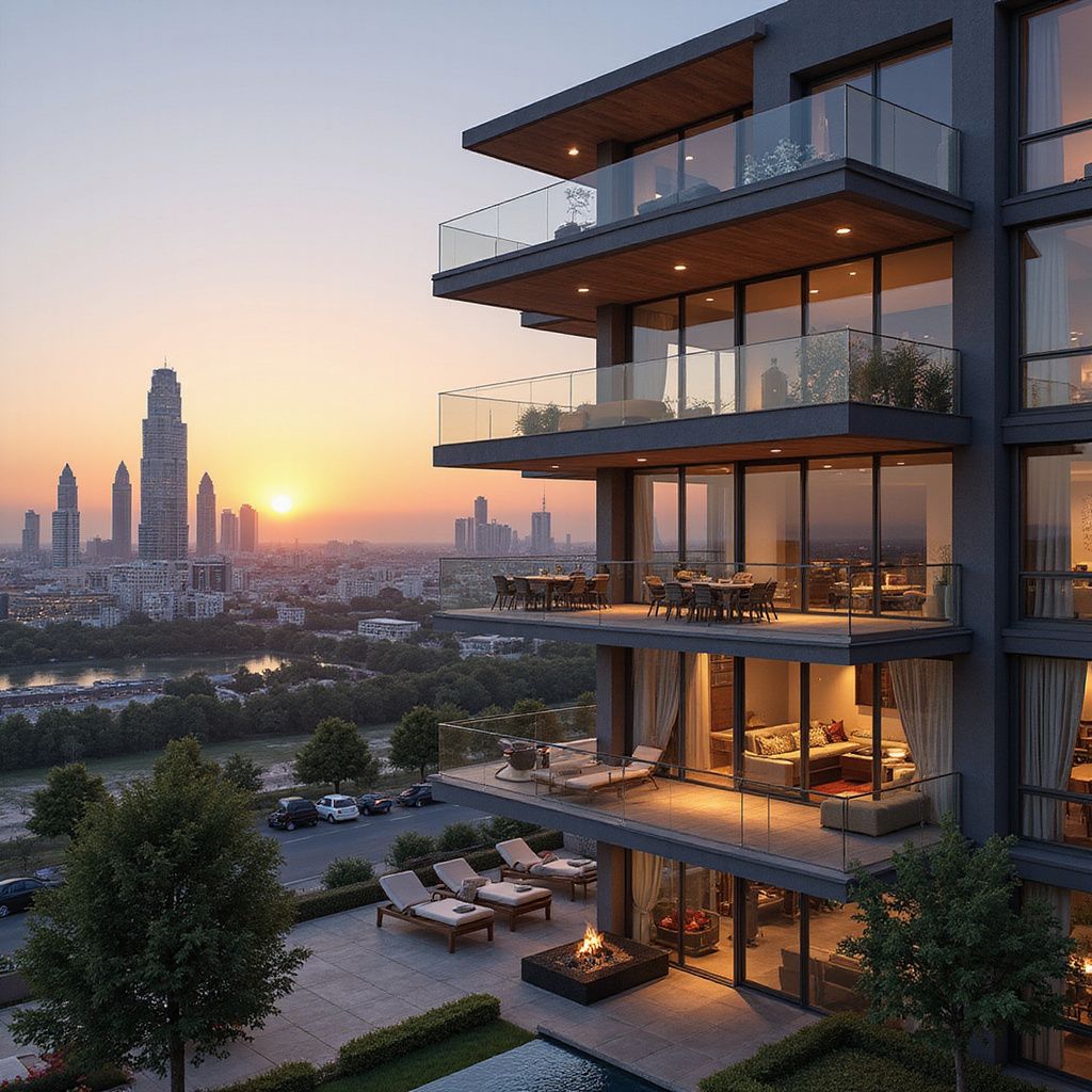 Modern apartment balcony at sunset overlooking a city skyline