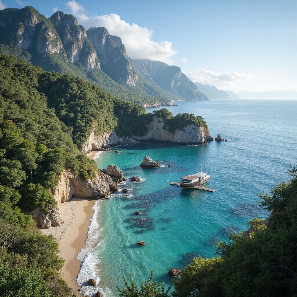 Tropical cove with turquoise water, sandy beach, and steep green cliffs under a bright sky