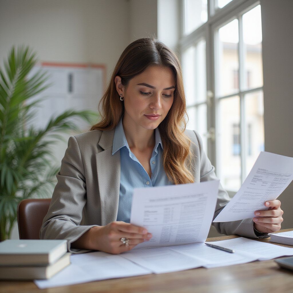 Woman in a gray blazer reviewing papers at a desk in a bright office