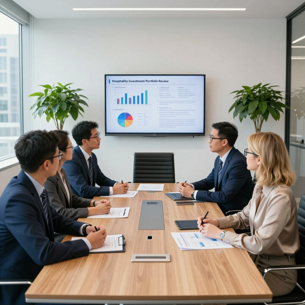 Business team in a conference room reviewing a presentation on a wall screen
