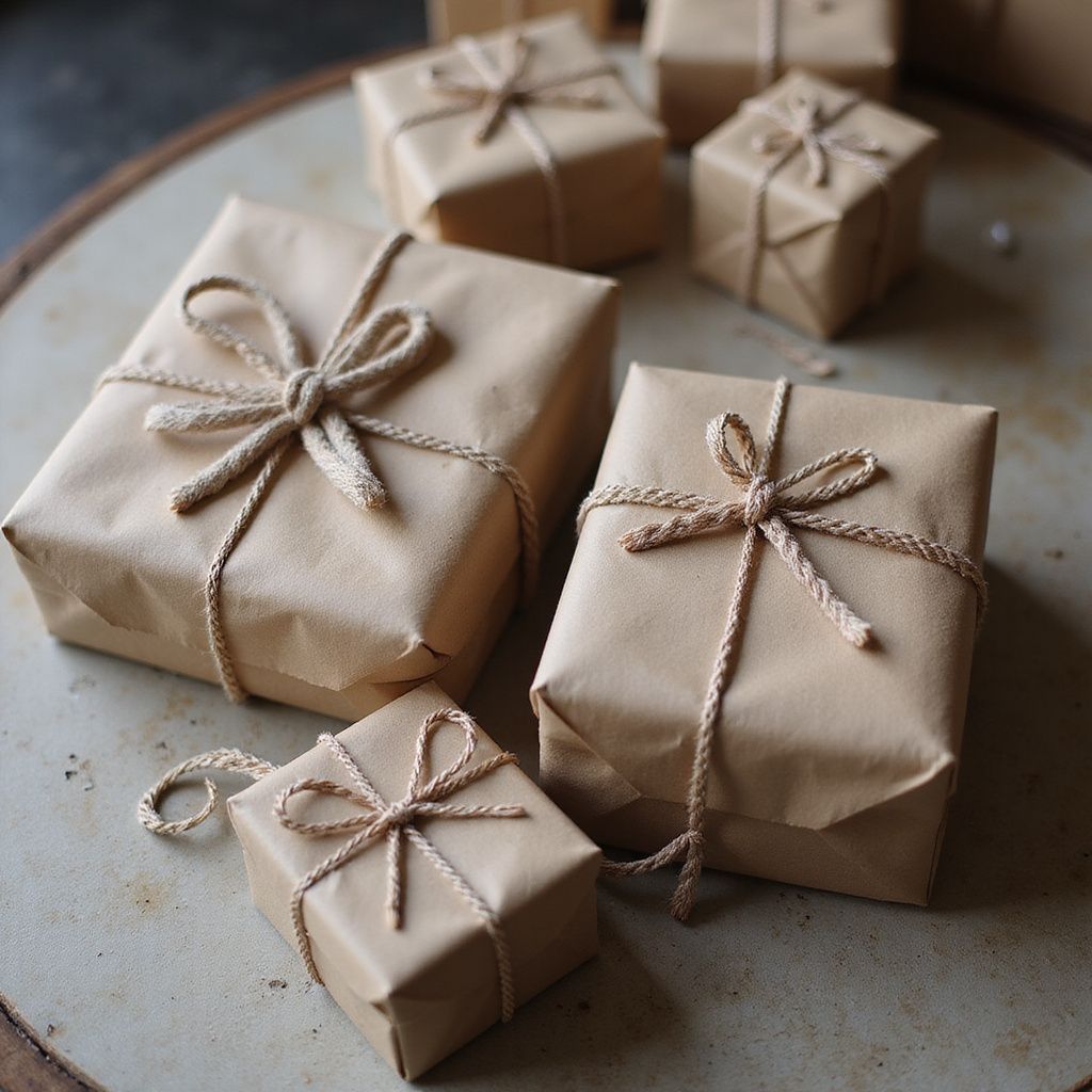 Small kraft-paper gift boxes tied with twine on a round tray