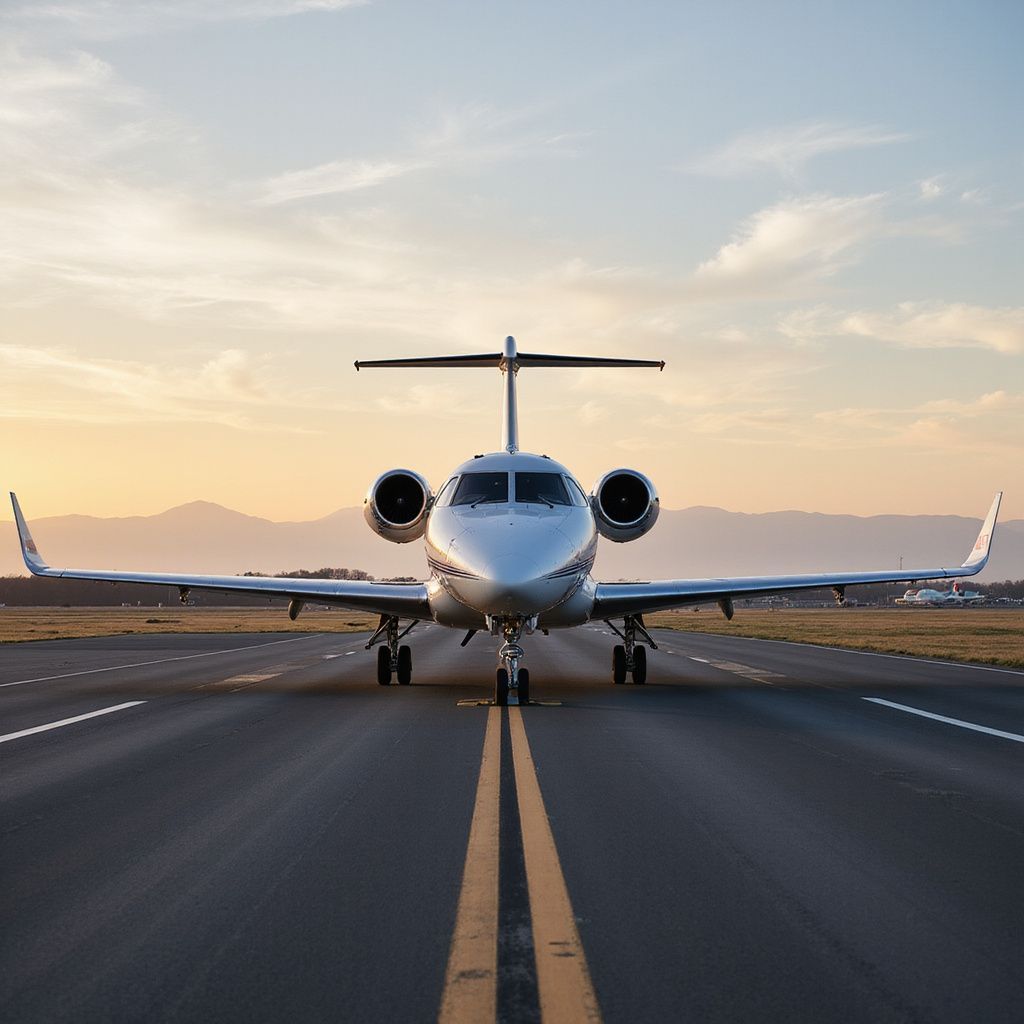 Small jet taxiing on a runway at sunset, centered between yellow lines under a cloudy sky