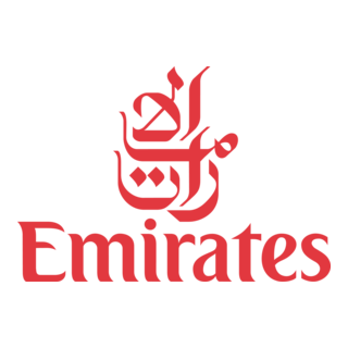 Emirates airline logo in red with Arabic calligraphy above the English wordmark