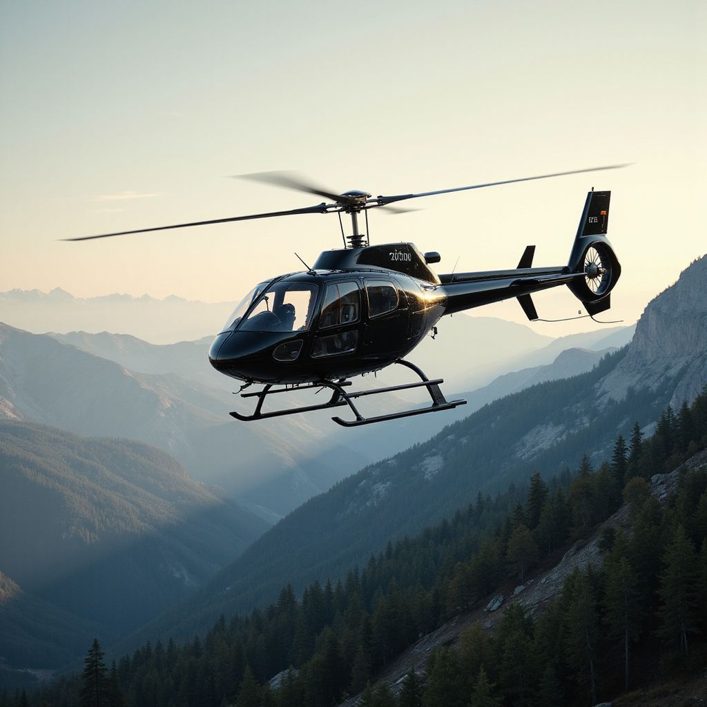 Black helicopter flying over a mountainous forest at sunrise