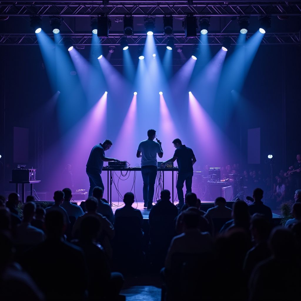 Silhouetted electronic music performers on stage under blue and purple spotlights, with a crowd in front