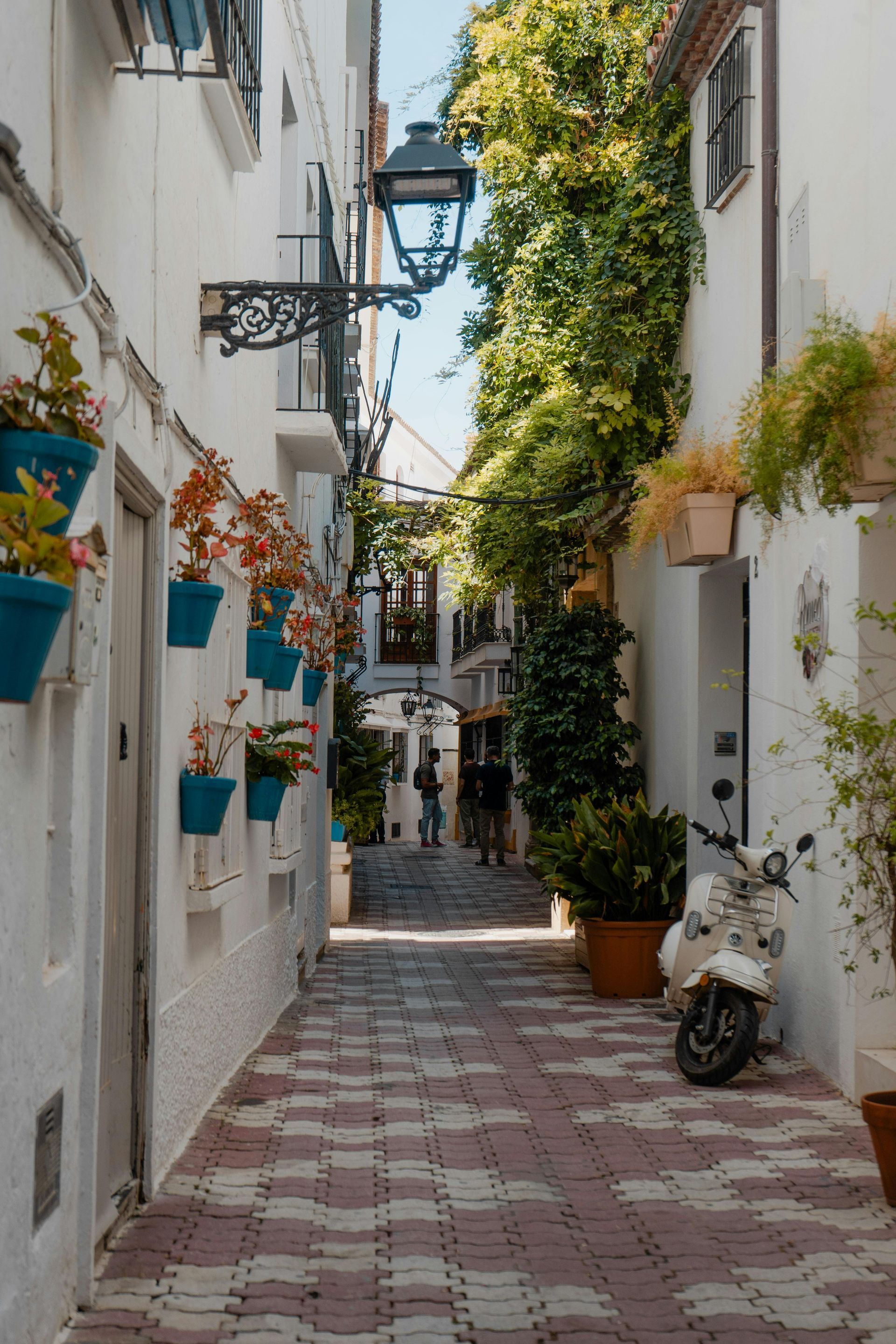 Narrow white alley with potted plants, colorful wall planters, and patterned pavement in sunlight