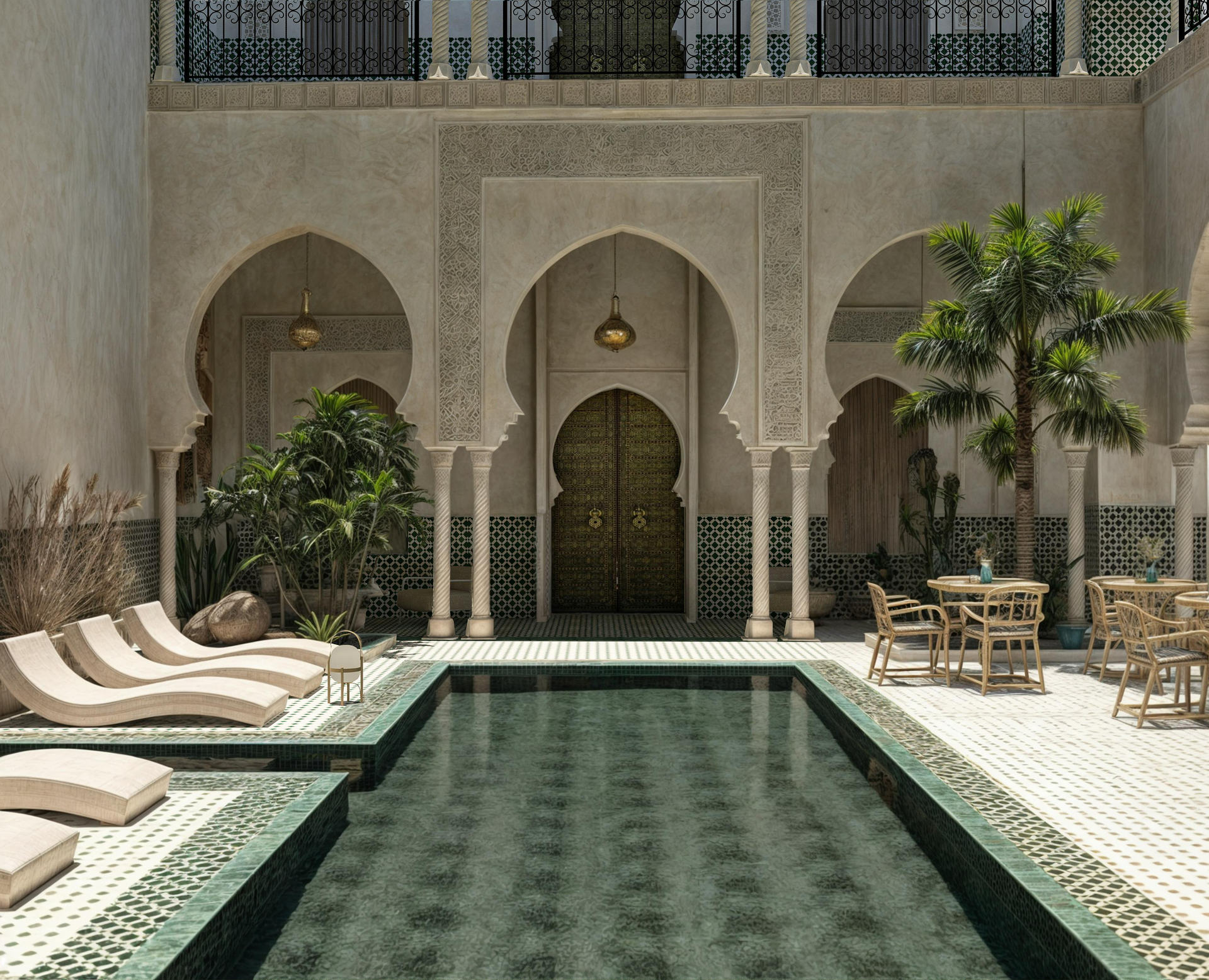 Elegant courtyard pool with arched doorway, lounge chairs, and palm trees