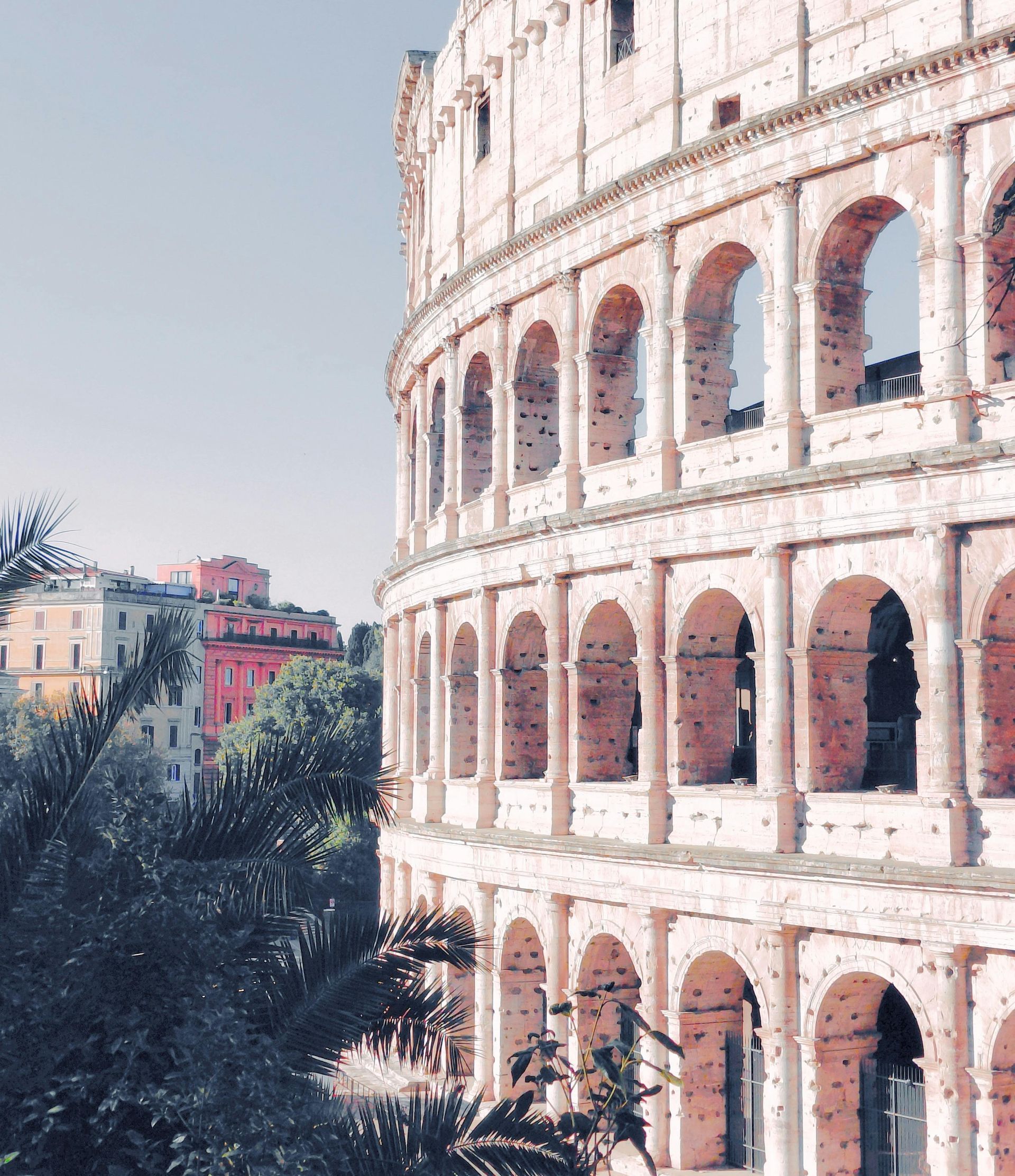 The Colosseum in Rome viewed from the side, with trees and buildings in the background.