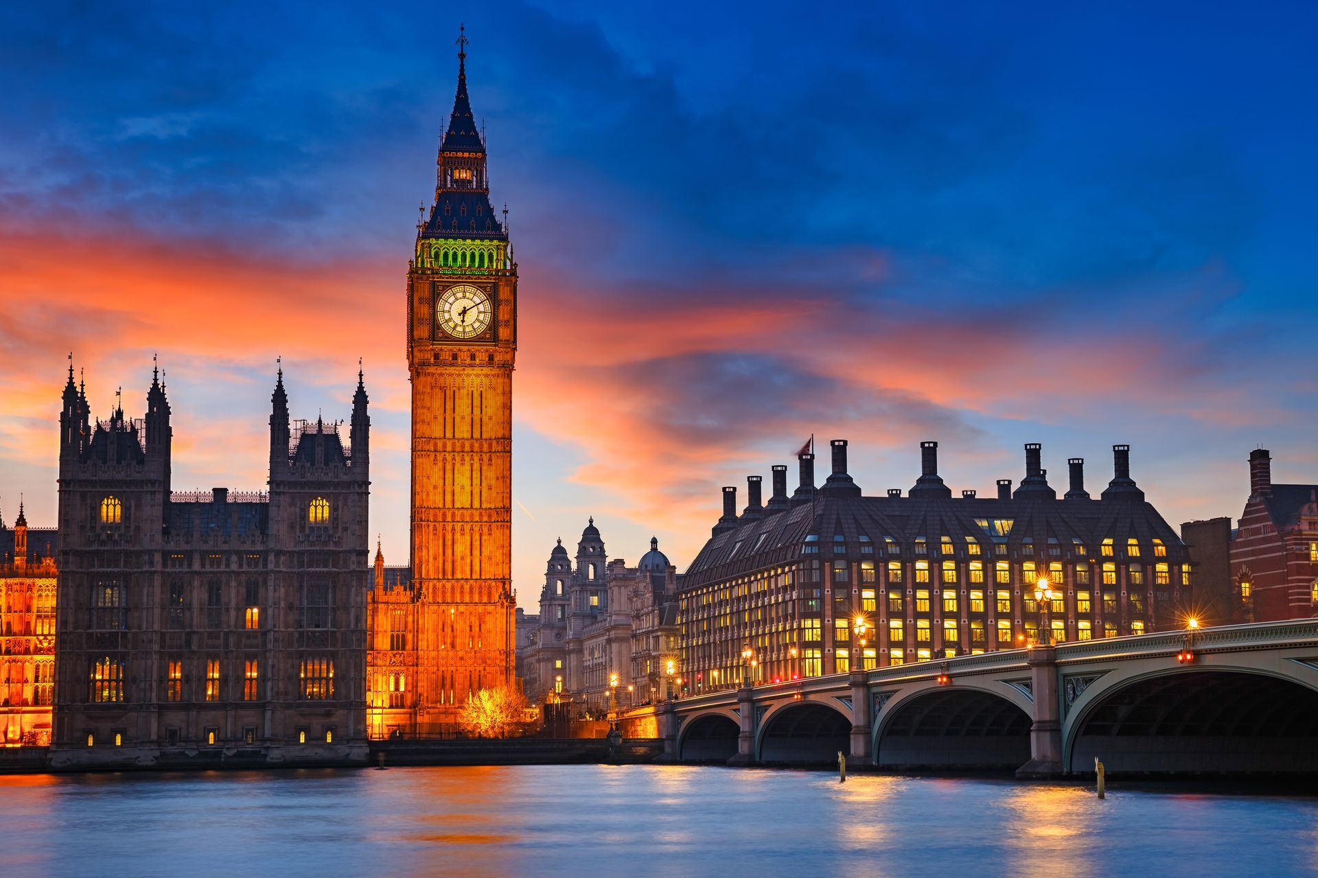 London’s Houses of Parliament and Big Ben at sunset beside the Thames