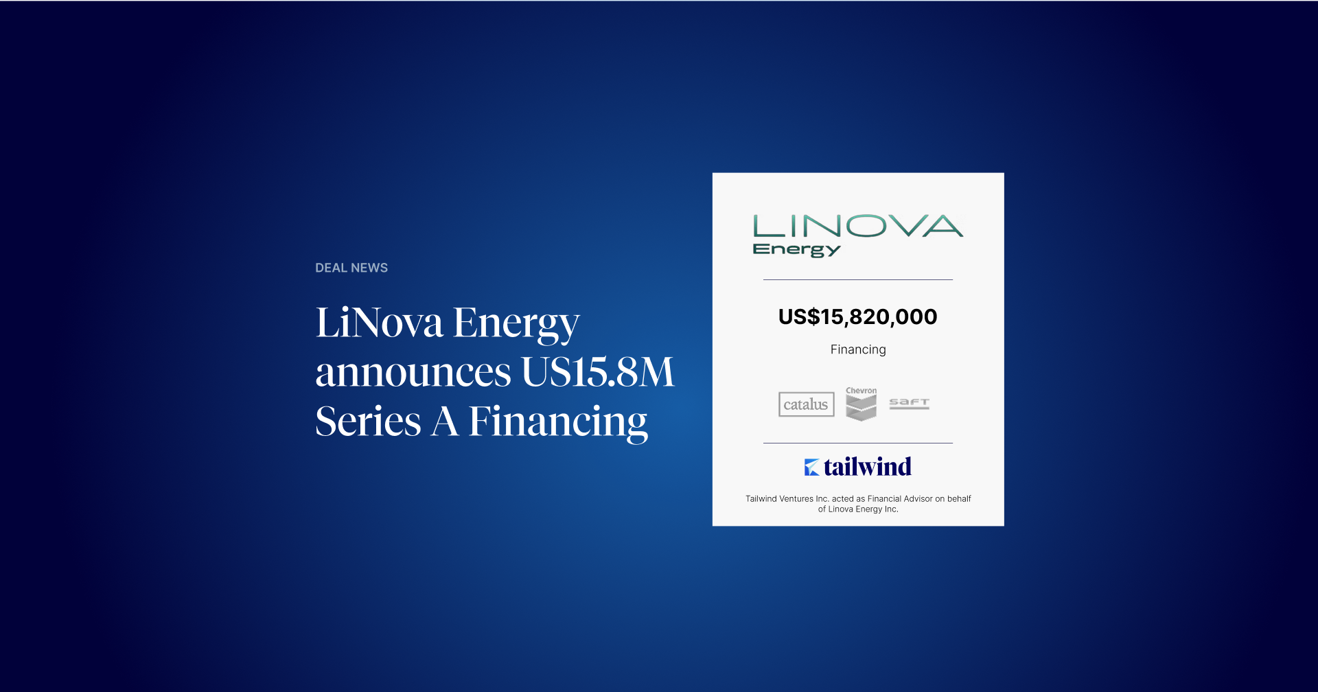 Linova Energy Inc. announces US$15.8 M Series A Financing