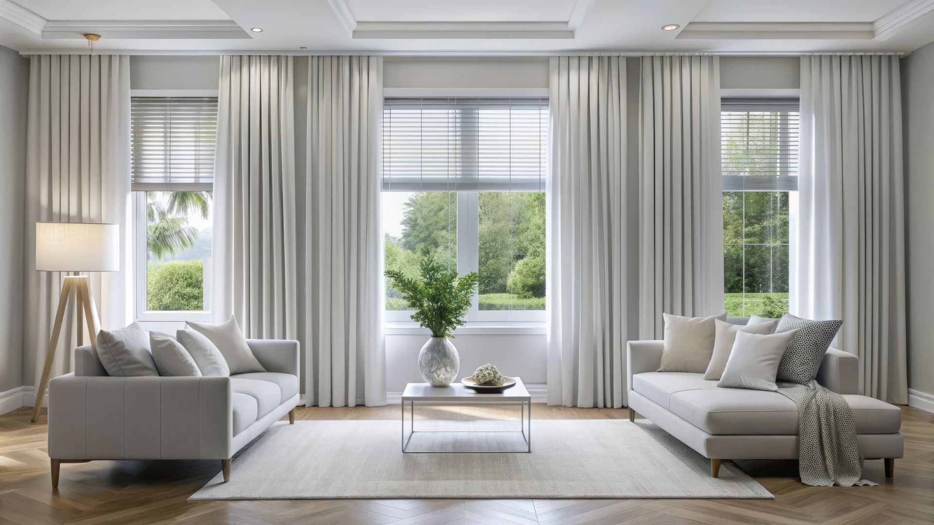 Elegant living room featuring floor-to-ceiling custom window drapery and modern blinds. Elegant living room featuring floor-to-ceiling custom window drapery and modern blinds.