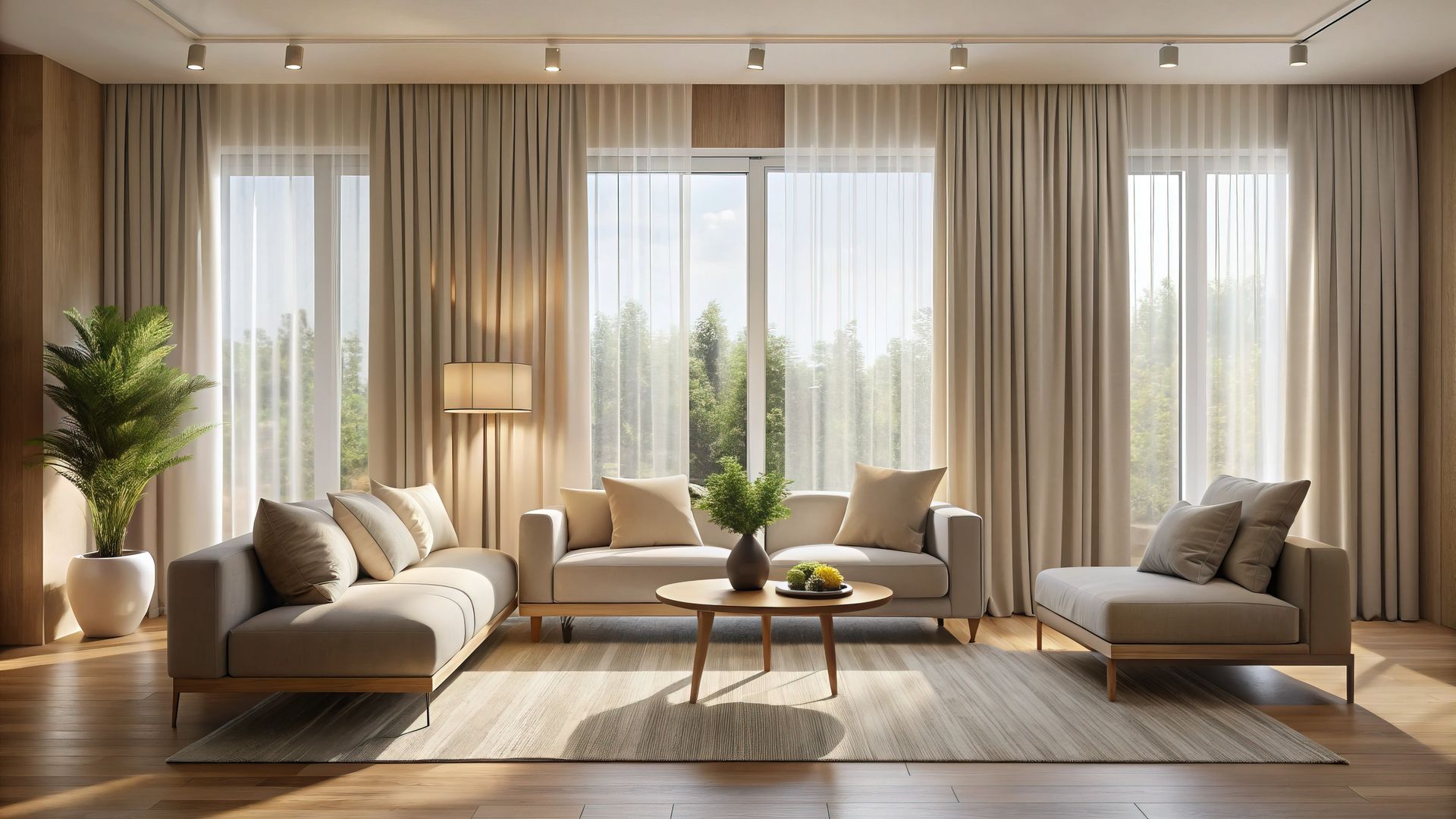 A minimalist, modern interior with custom window drapery A minimalist, modern interior with custom window drapery