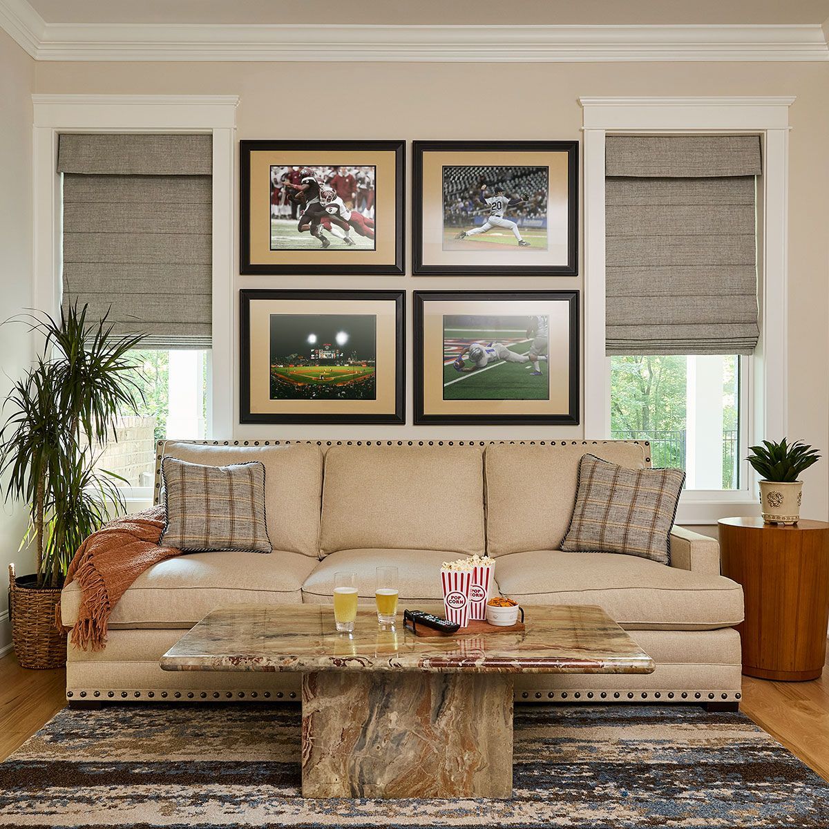 A living room with a couch and a coffee table