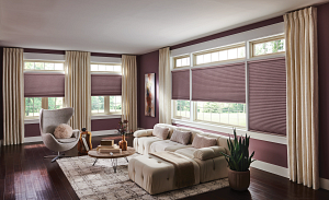 A living room with a couch , chair , coffee table and purple walls.