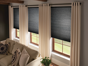 A living room with a couch , curtains and blinds.