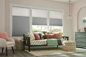 A living room with a day bed , chair , dresser and window shades.