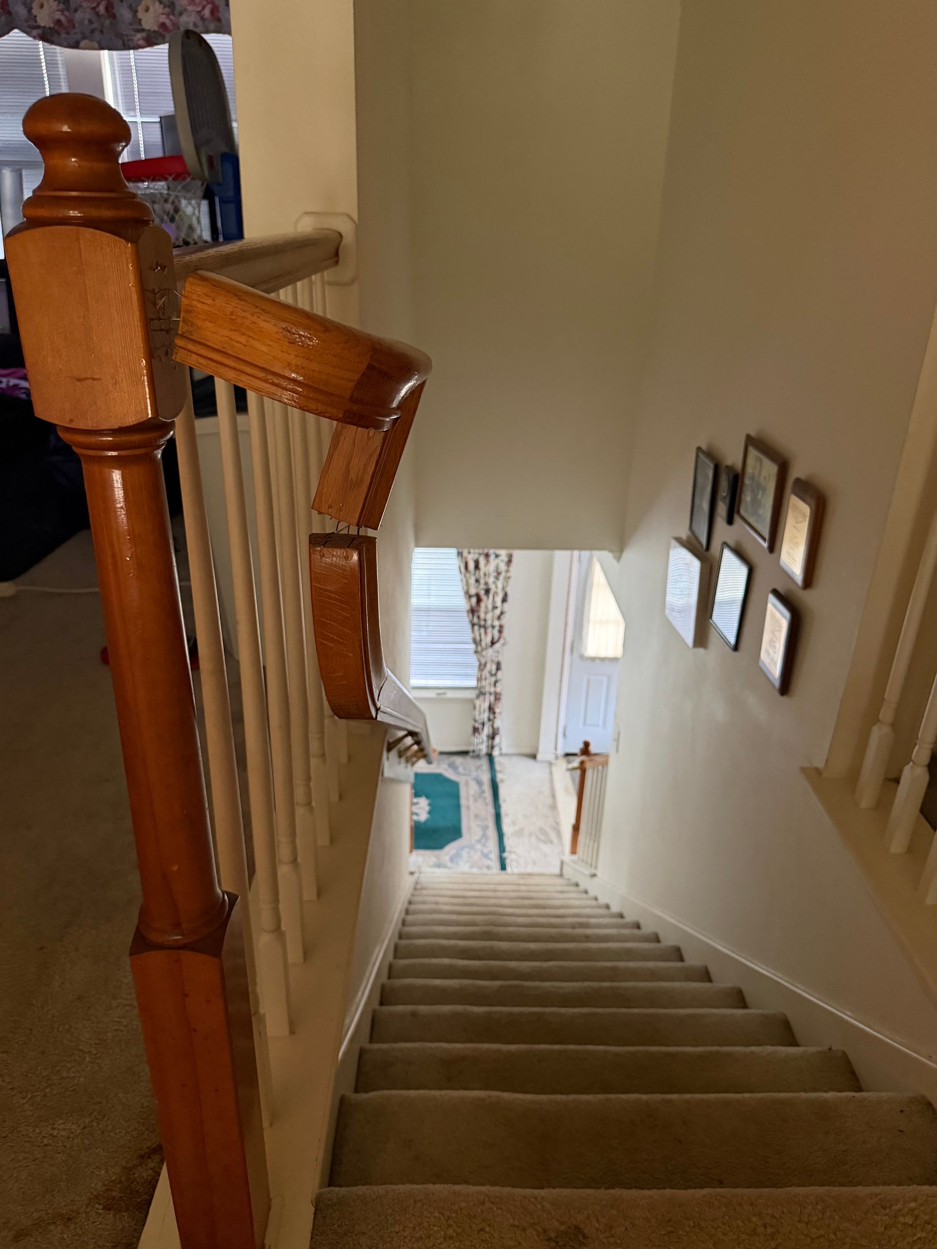 Carpeted staircase with wooden banister descending into a bright hallway with framed wall art.