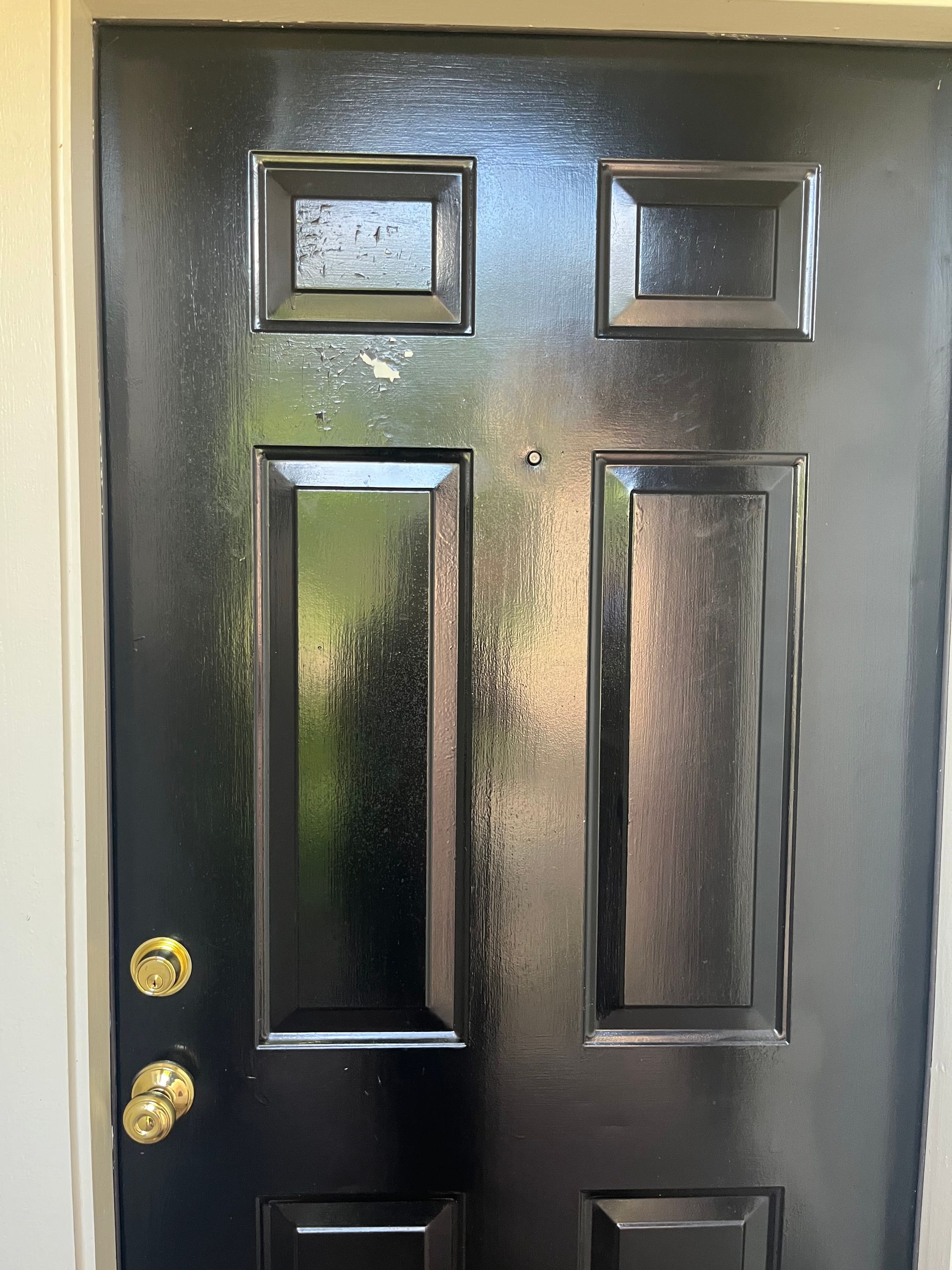 Black front door with gold handles and four small window panels.
