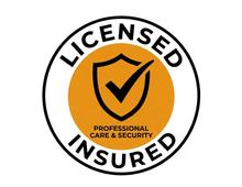 Licensed and insured badge in black and orage
