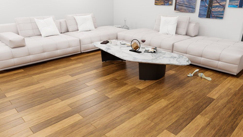 A Living Room With a Couch and a Coffee Table on a Wooden Floor — Bayside Carpets & Flooring in Lake Cathie, NSW