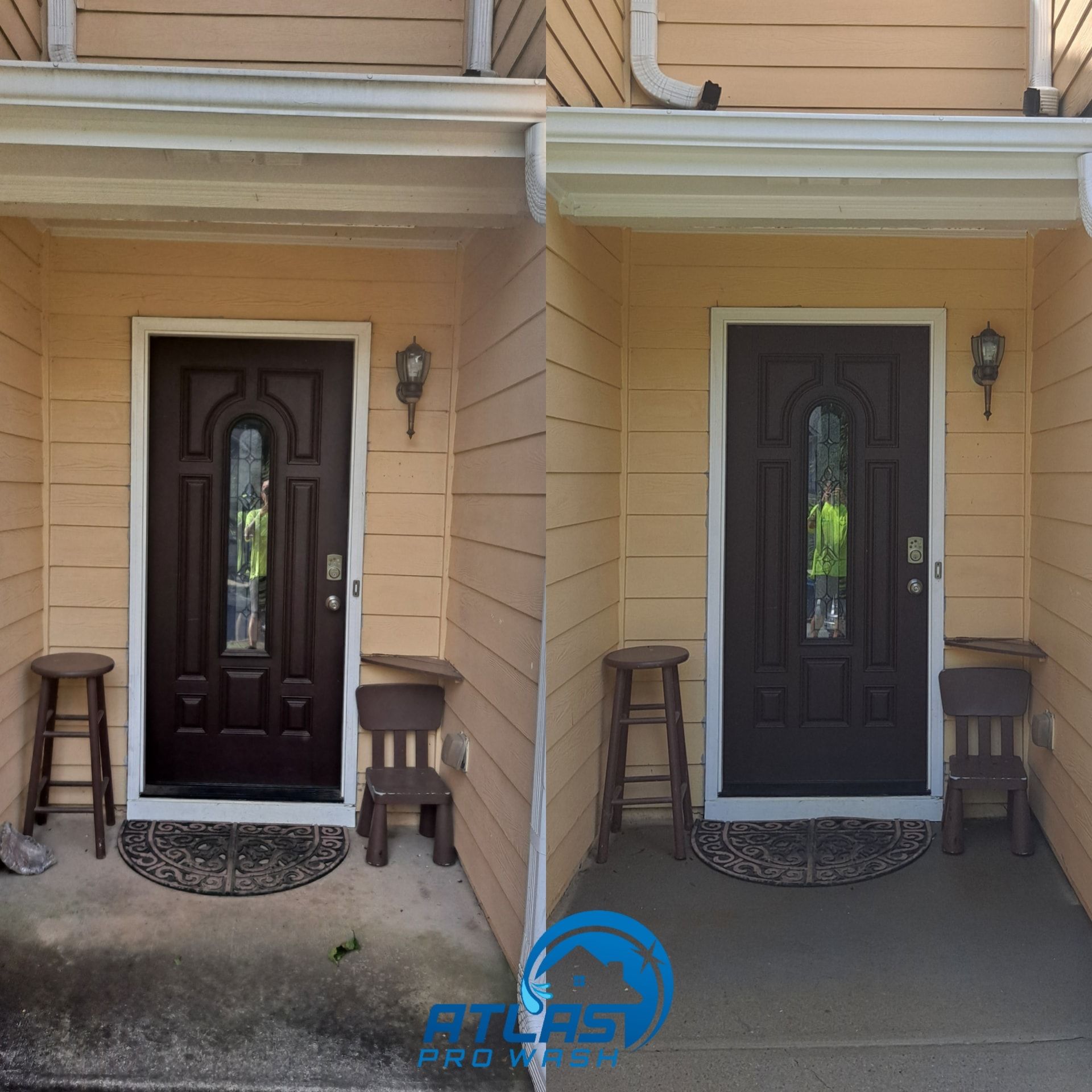Side-by-side dark front doors with porch lights and stools under a tan townhouse overhang.