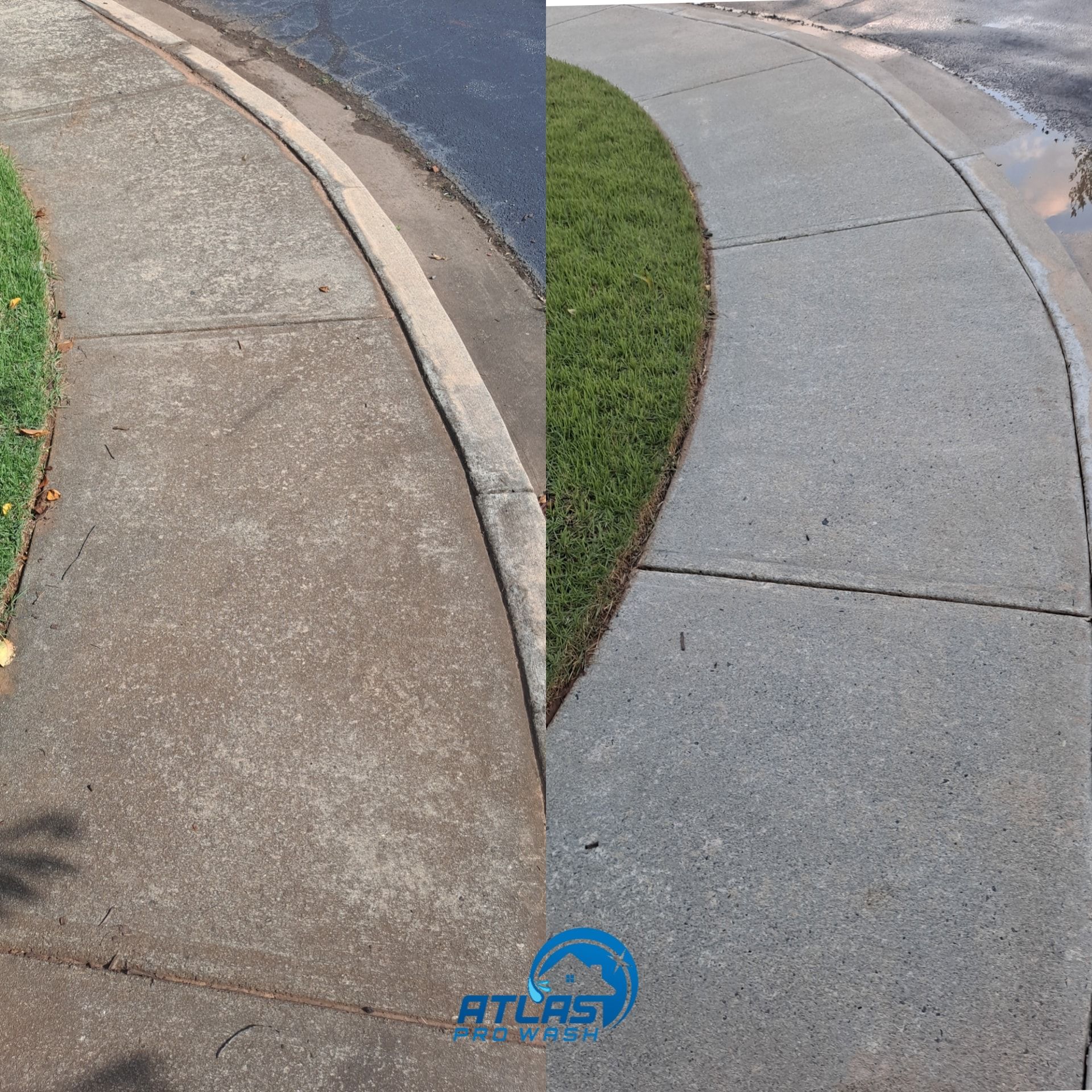 Split-view sidewalk curb with cracked tan concrete on left and smooth gray pavement on right, beside grass