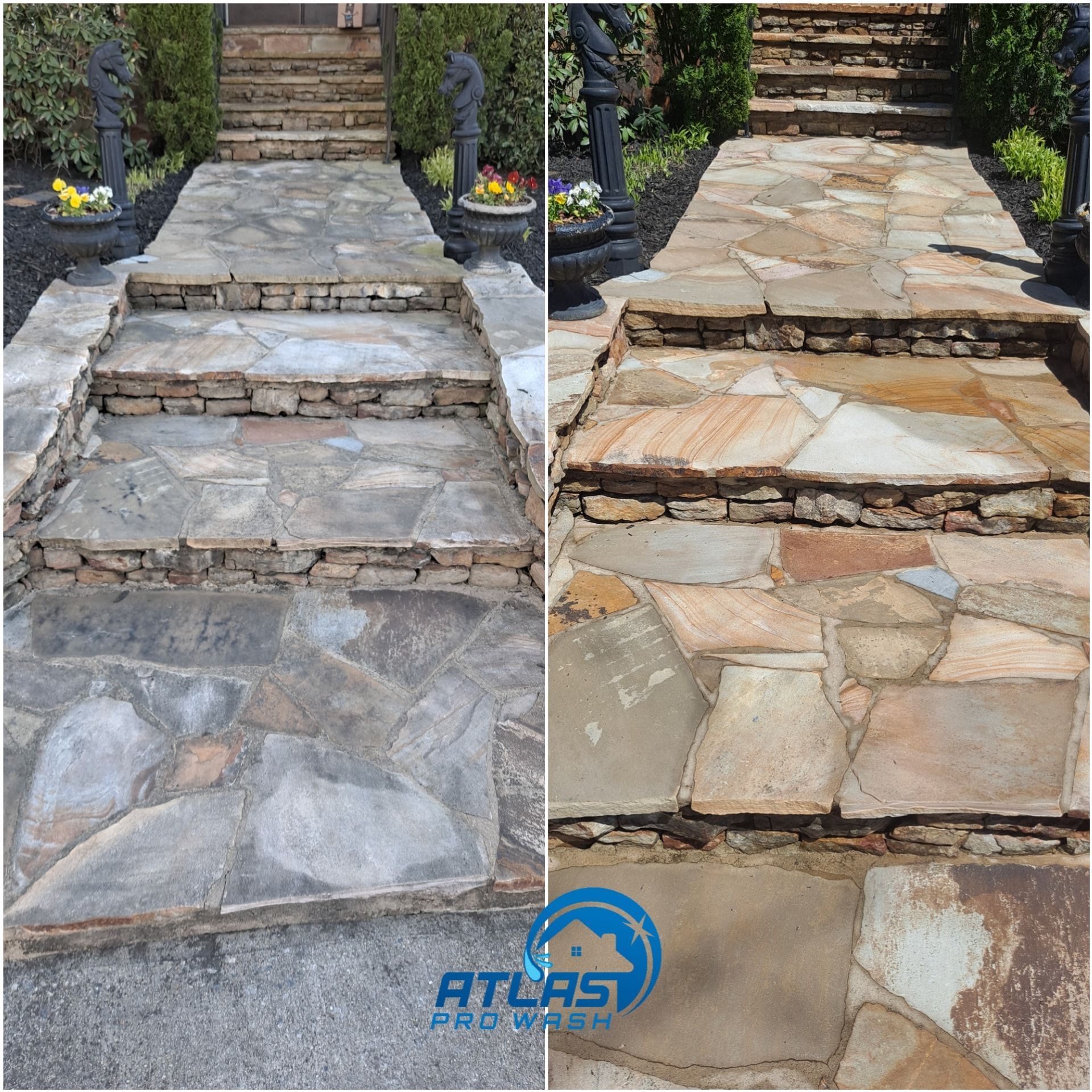 Before-and-after view of a repaired stone staircase walkway with uneven cracked steps and new stonework.