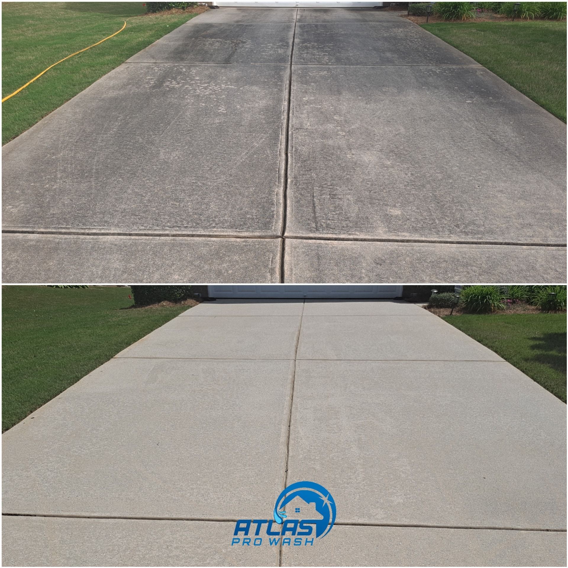 Driveway before-and-after: dark stained concrete above, bright cleaned concrete below with Atlas logo.