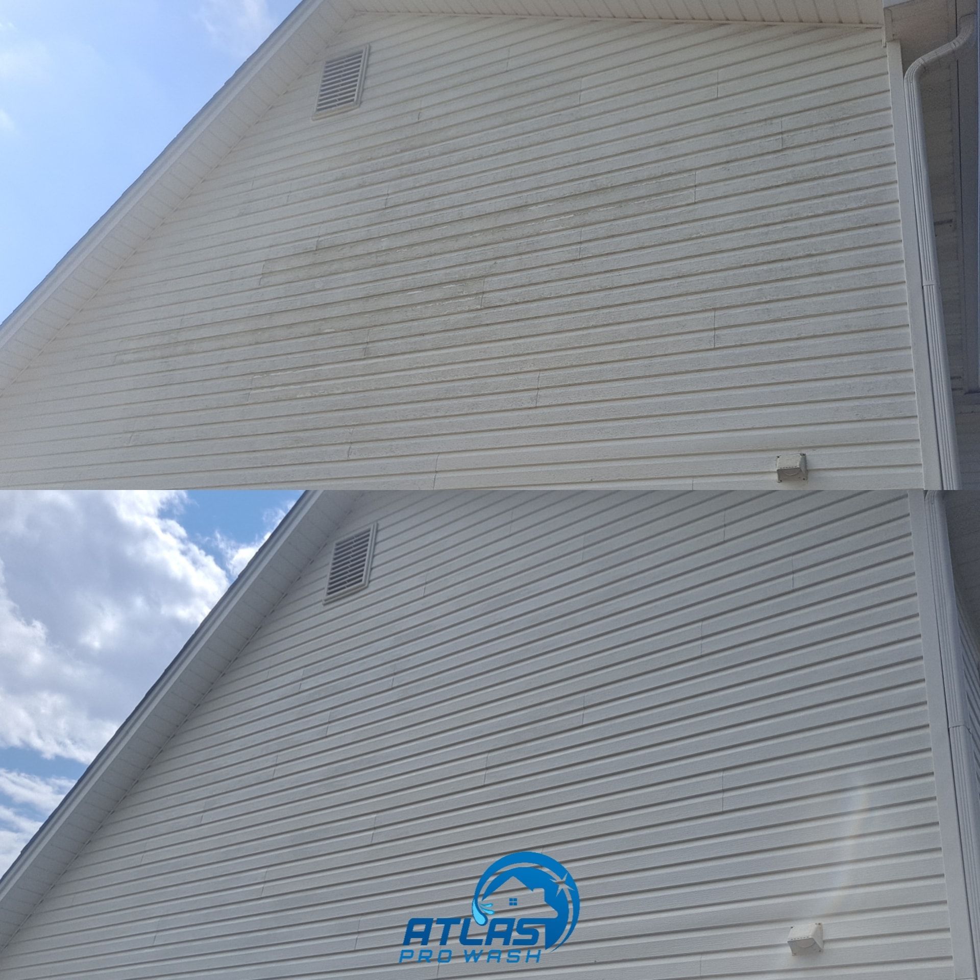 White vinyl-sided house exterior under a blue sky, with a small vent and ATLAS logo near the bottom