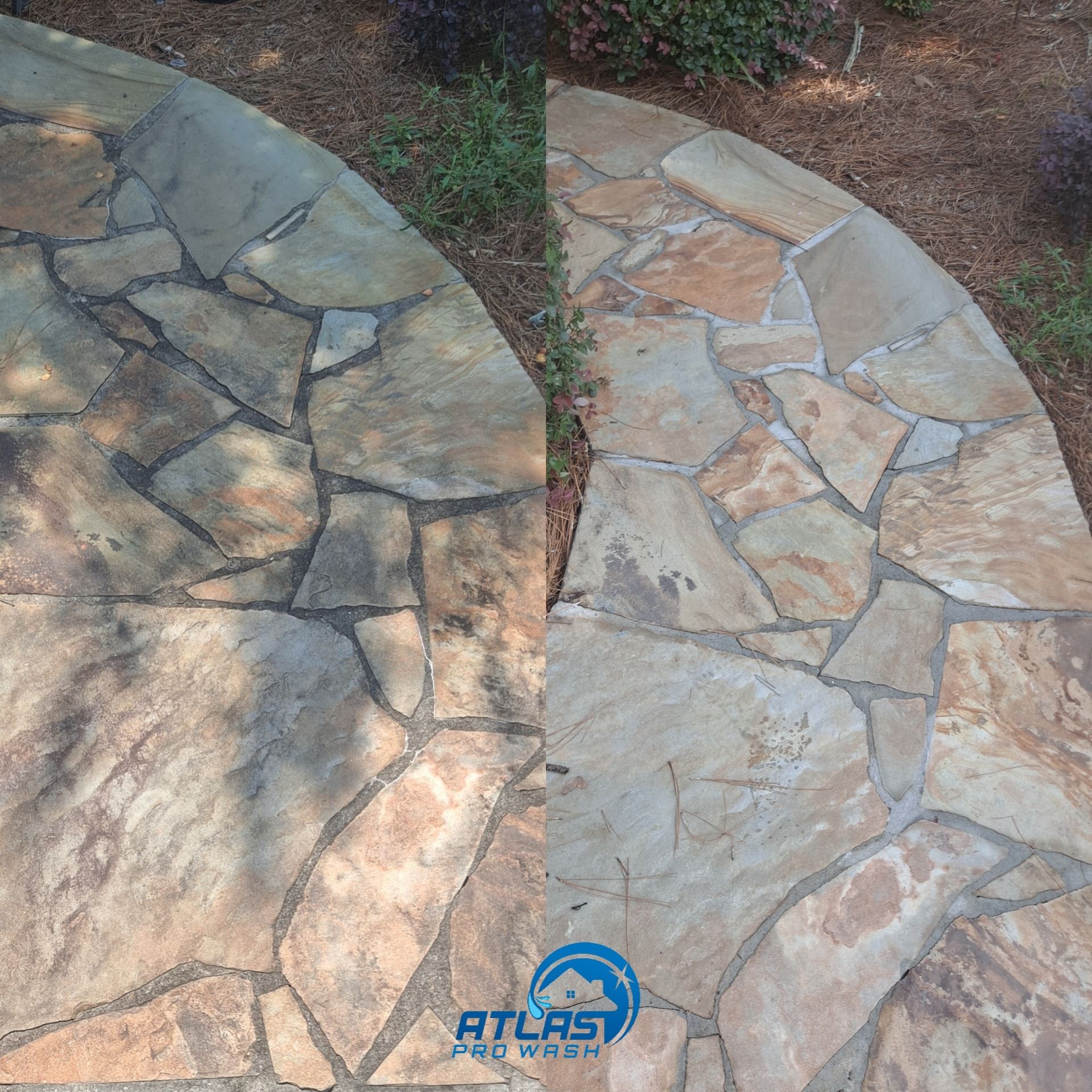 Curved stone patio with two-tone flagstone and a small ATLUS logo watermark at the bottom.