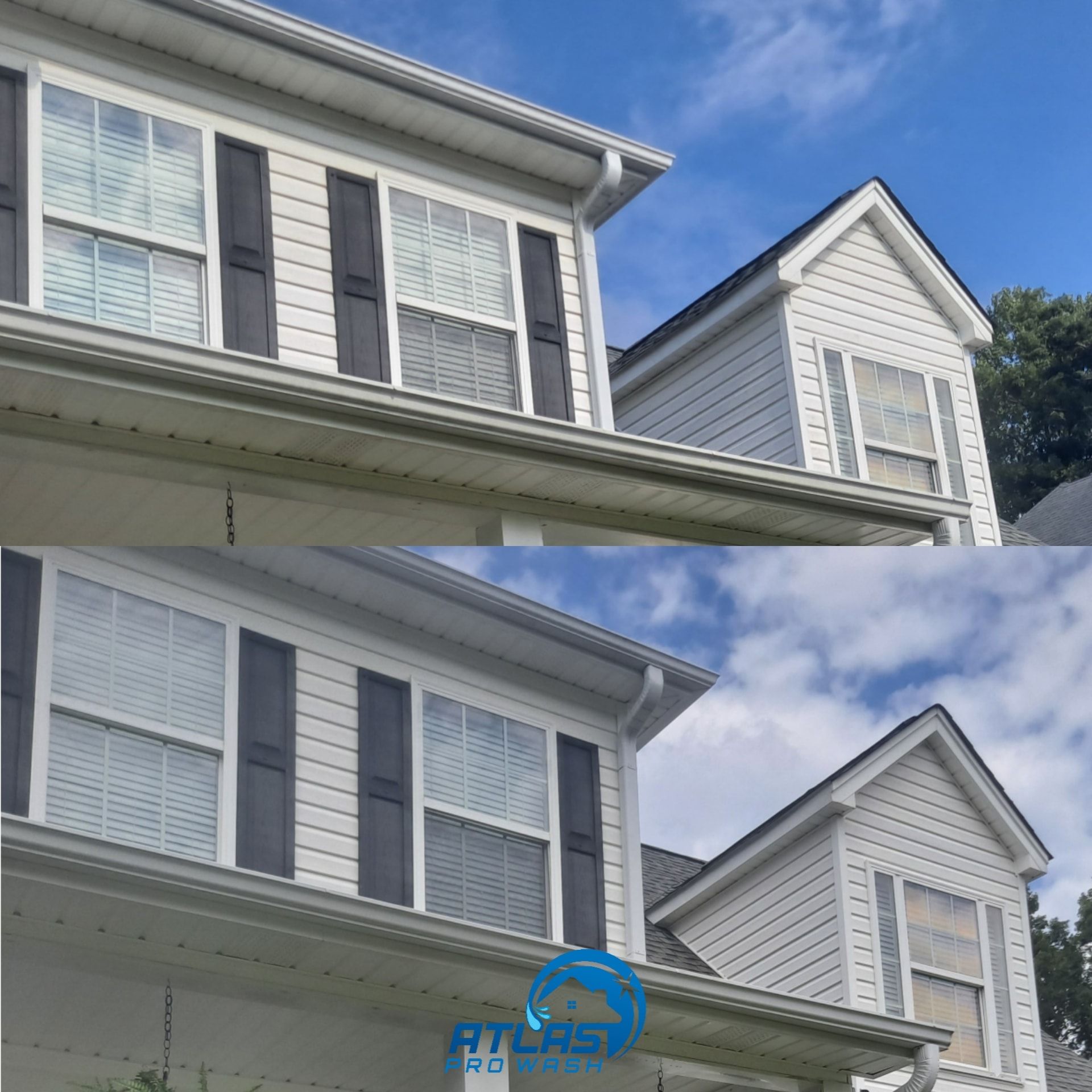 Two views of a gray house exterior with white trim, shutters, and a blue sky background