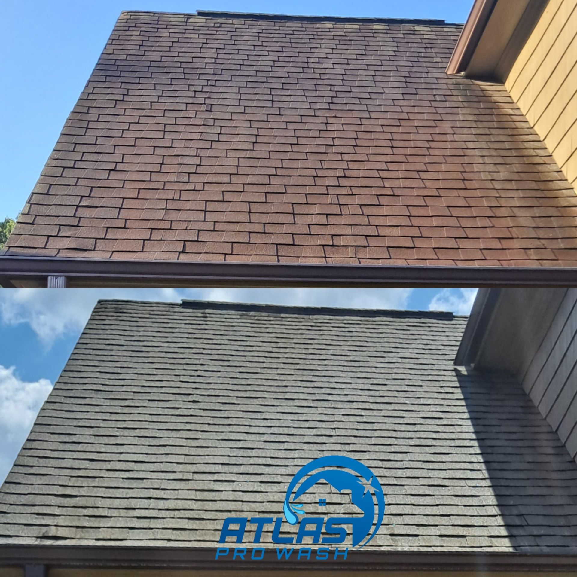 Two roof photos stacked vertically, showing shingle color changes from brown to gray with house siding on the right