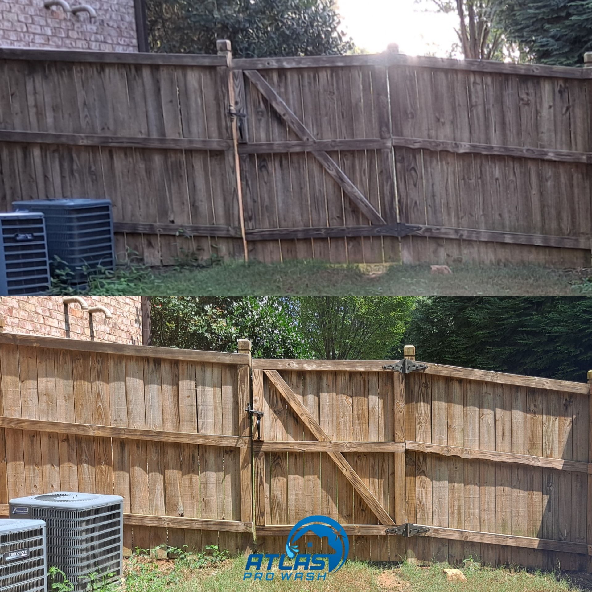 Backyard fence before-and-after: weathered wooden fence replaced with a cleaner, repaired section.