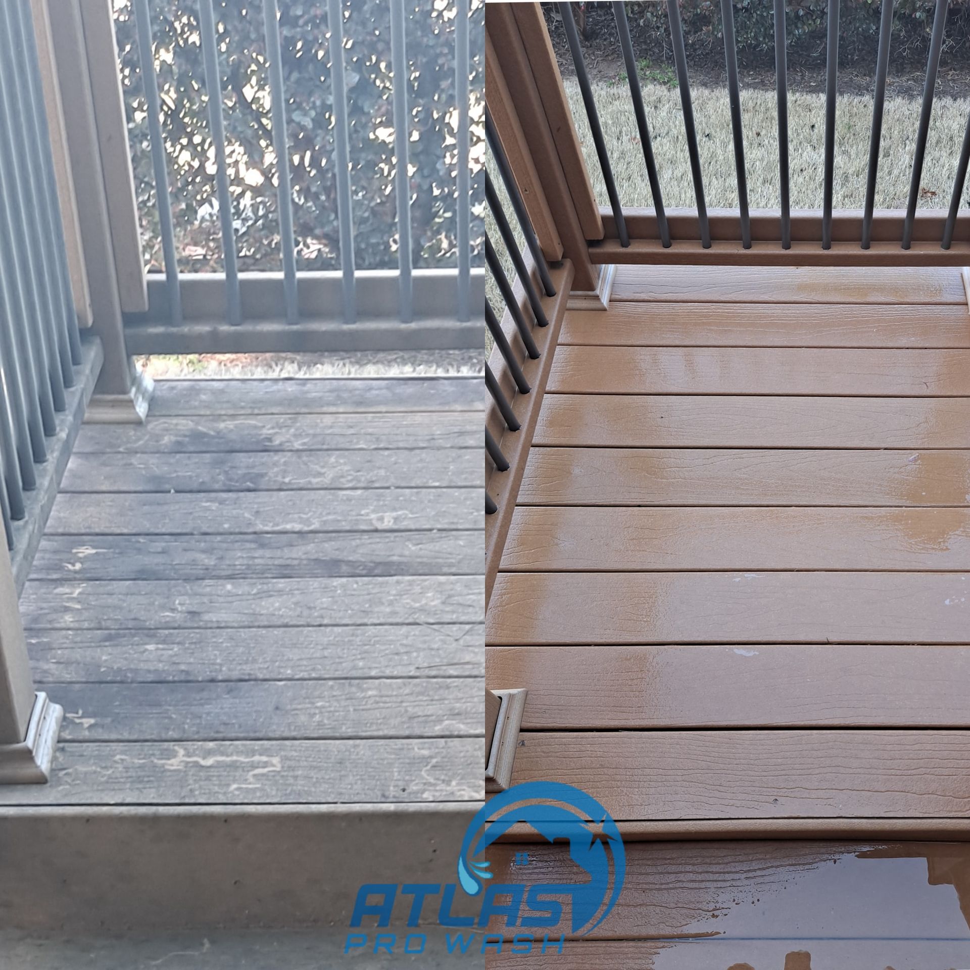 Wooden porch deck split between gray weathered boards and brown wet boards with railings and steps.