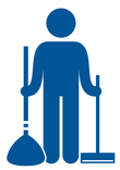 Blue accessibility icon of a person holding a broom and mop.