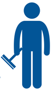 Blue stick figure holding a squeegee, indicating cleaning or janitorial work