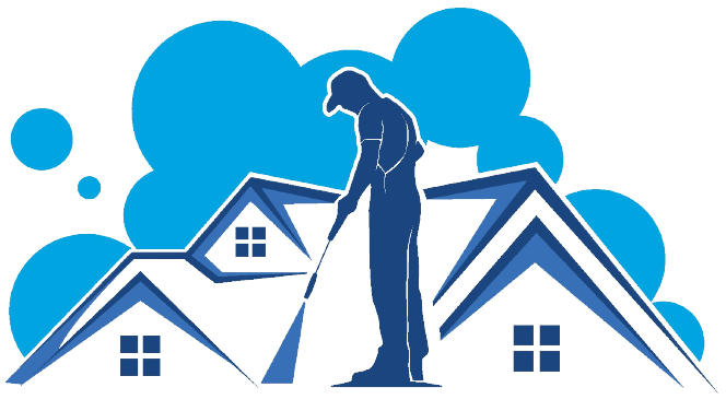 Blue houses with a person inspecting a roof against a blue sky and clouds
