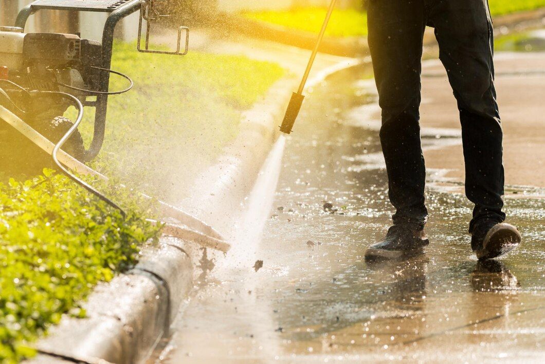 A man is using a high pressure washer to clean a sidewalk.