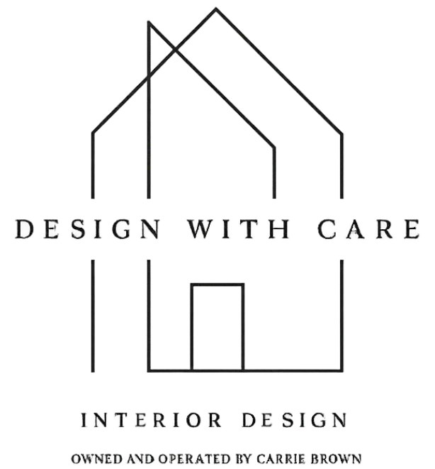 Minimal black line-art logo of a house with the text “DESIGN WITH CARE” and “INTERIOR DESIGN” underneath.
