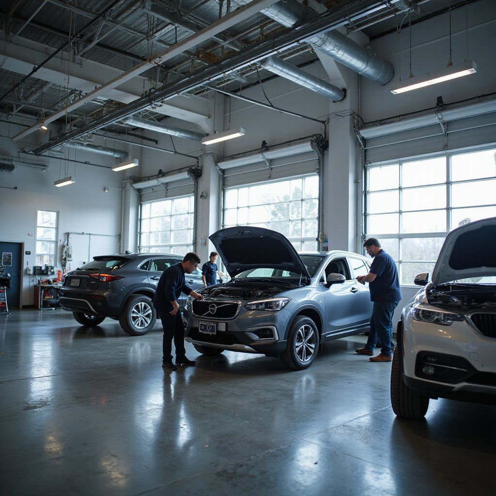 Three mechanics working on cars in a well-lit auto repair shop with open garage doors.