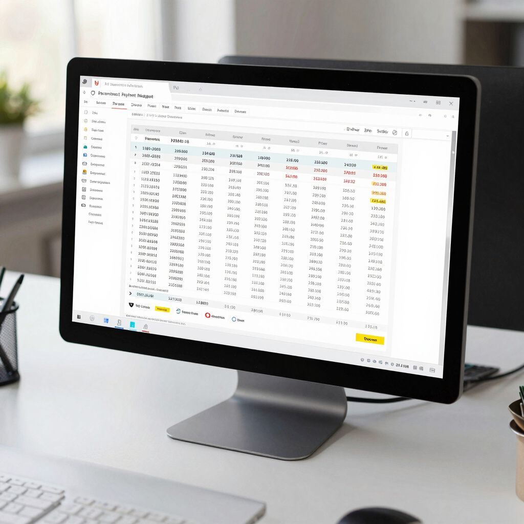 Computer screen displaying a data table with numbers and text, on a desk in an office.