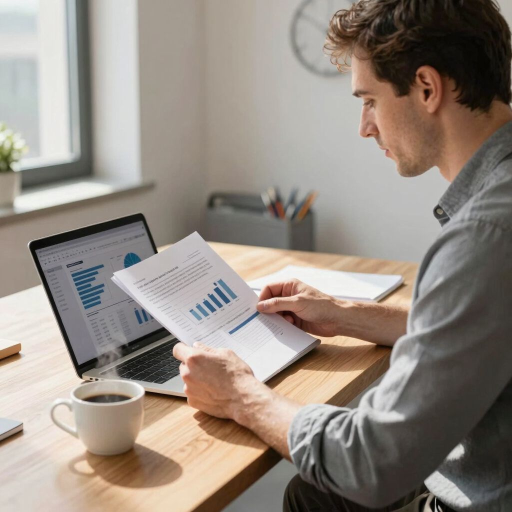 Man in gray shirt reviews charts on a document and laptop, next to coffee cup at desk.